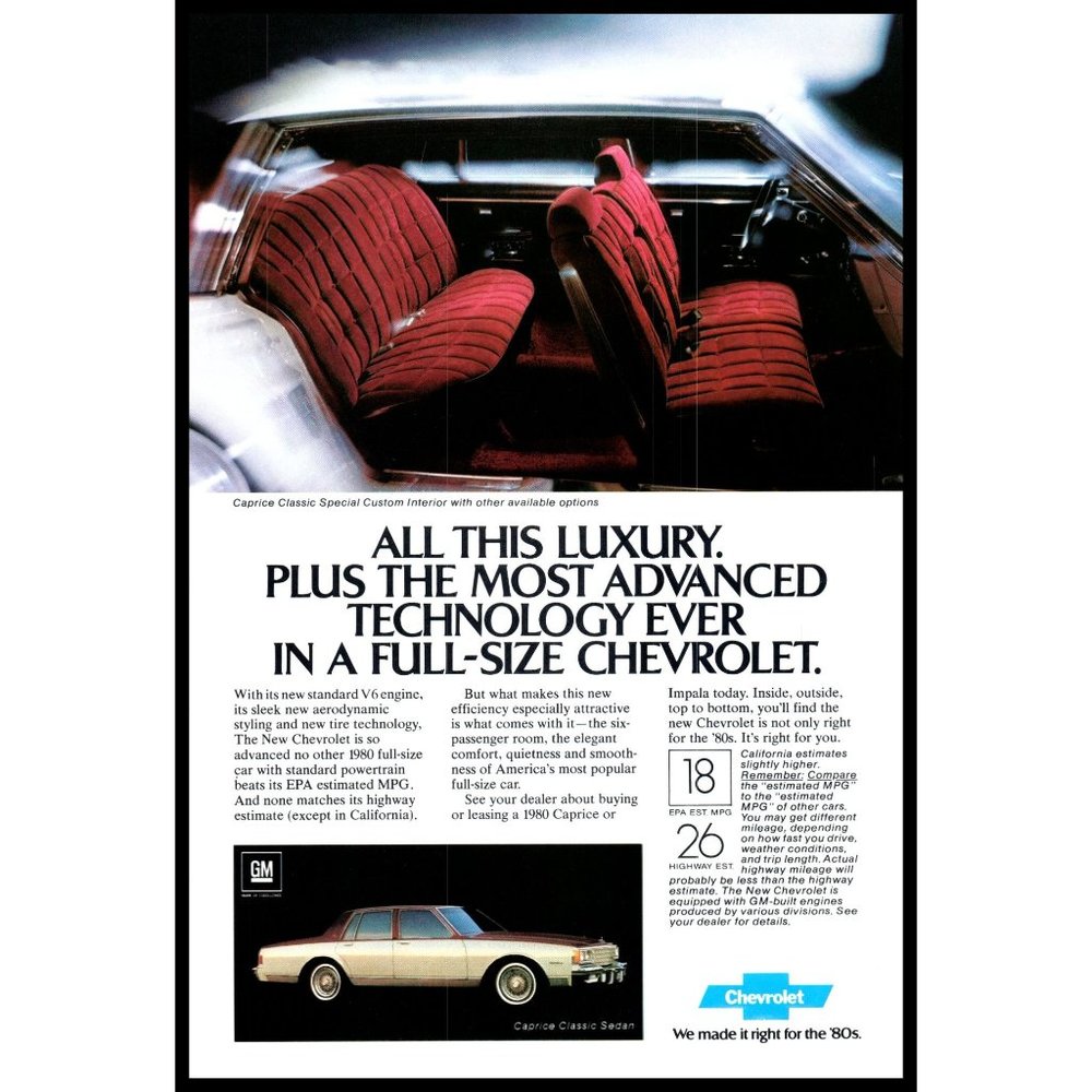 1980 Chevy Caprice Classic Sedan Red Interior Vintage Print Ad Wall Art Decor